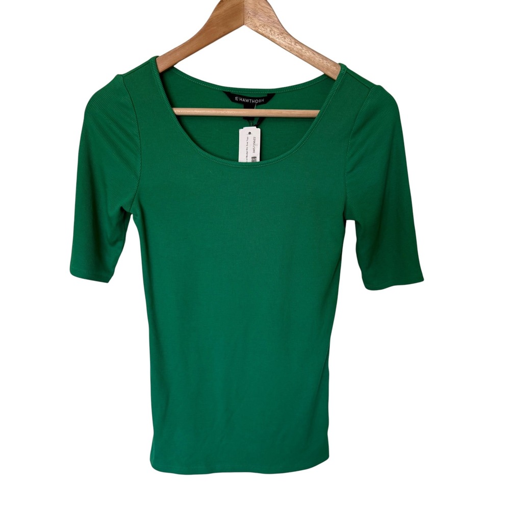 41 Hawthorn Rib Knit Top Womens Small Green NEW Scoop Neck Elbow Sleeve